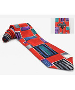 Vintage Zylos George Machado Silk Necktie Tie Red Geometric Print Made USA - $47.32 CAD