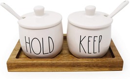Rae Dunn HOLD KEEP 5 Piece Ceramic Condiment Pots Container Jars Set Wit... - $43.99
