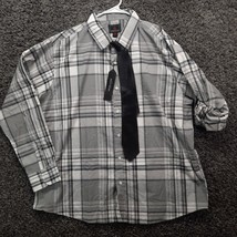 Swiss Cross Shirt Adult 2XL XXL Gray Casual Plaid Tie Roll Tab Sleeves - £5.17 GBP
