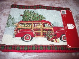 New Getting The Tree Car Tapestry Table Runner 13" X 72" W/ Plaid Trim Holidays - £15.78 GBP