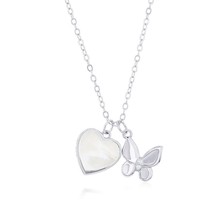 Sterling Silver MOP Heart w/ CZ Butterfly Necklace - £32.13 GBP