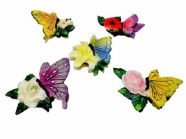 Vintage 1980&#39;s Ceramic Set Of 5 Butterflies &amp; Flowers Refrigerator Magnets - £11.16 GBP