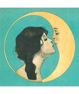 Vintage Woman Kissing Crescent Moon Man Print Poster - £14.14 GBP