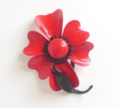 Large Vintage Red Enamel Flower Power 1960s Retro Ladies Pin Brooch Jewelry - $17.95