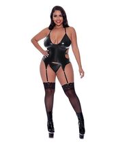 CLUB CANDY WET LOOK BASQUE CORSET STYLE WITH GARTERS &amp; CHEEKY PANTY QUEEN - $41.99