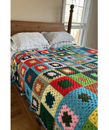 VINTAGE Granny Afghan Blanket Hand Knit Approximately QUEEN - £180.08 GBP