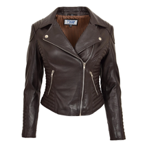 DR206 Women&#39;s Soft Leather Cross Zip Biker Jacket Brown - £128.38 GBP