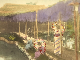 Geisha Lady&#39;s waiting in Kimonos with umbrella hand colored Antique postcard - $13.10