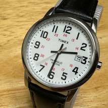 Timex Indiglo Quartz Watch Men 30m Silver White Military Date Leather New Batter - £19.88 GBP