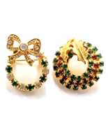 Christmas Rhinestone Wreath Pins Lot of 2 Gold Tone Bow Leaf Holiday Jew... - €17,21 EUR