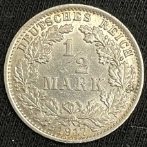 1917 J Silver Germany Empire 1/2 Mark Imperial Eagle Coin Condition AU+ - £9.55 GBP