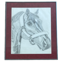 Original Artwork Pencil Sketch Horse Unknown Artist Framed Glass Red Matte - £58.83 GBP