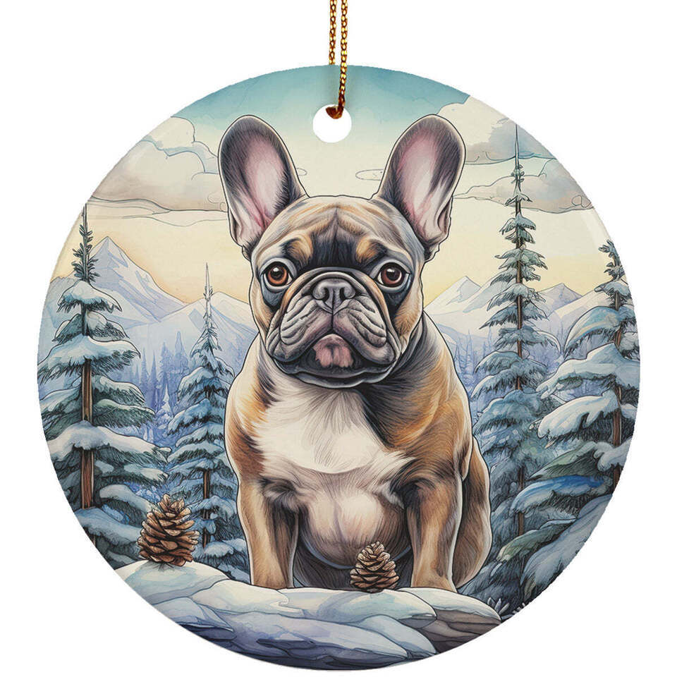 Cute French Bulldog Dog Snow Christmas 2024 Ornament Ceramic Gift Xmas Decor