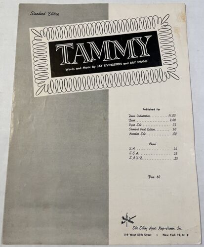Primary image for TAMMY (and the Bachelor) Jay Livingston & Ray Evans Sheet Music Vintage 1957