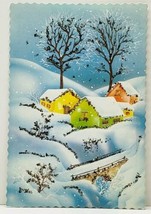 Christmas Greeting Glitter Decorated Snow Covered Homes Bridge Postcard J9 - £4.79 GBP