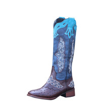 New Knee High Boots Women Shoes Fashion Embroider Leather Low Heels Western Cowb - £62.74 GBP