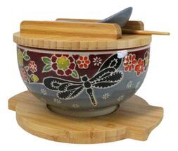Maroon Tombo Dragonfly Donburi Ramen Bowl With Lid Trivet Spoon Chopstic... - $39.99