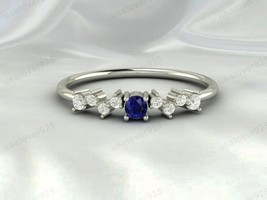 Sapphire &amp; CZ Diamond Solitaire Ring, 925 Sterling Silver Dainty Jewelry - £42.88 GBP