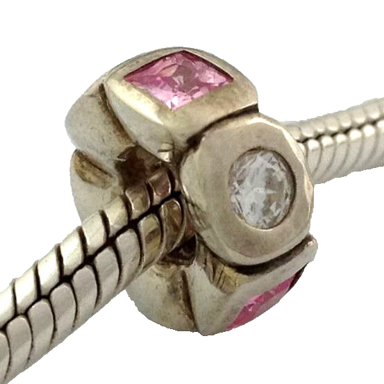 Authentic Chamilia Circle &amp; Square Charm, Silver, Clear &amp; Pink CZ JB-11B... - $24.69