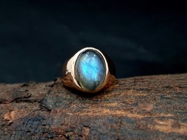 Natural Blue Labradorite Oval Gemstone Sterling Silver Handmade Men Ring Jewelry - £50.62 GBP