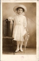 Young Girl Large Hat Hair Bow Jewelry Umbrella Studio Photo 1912 Postcar... - $9.95