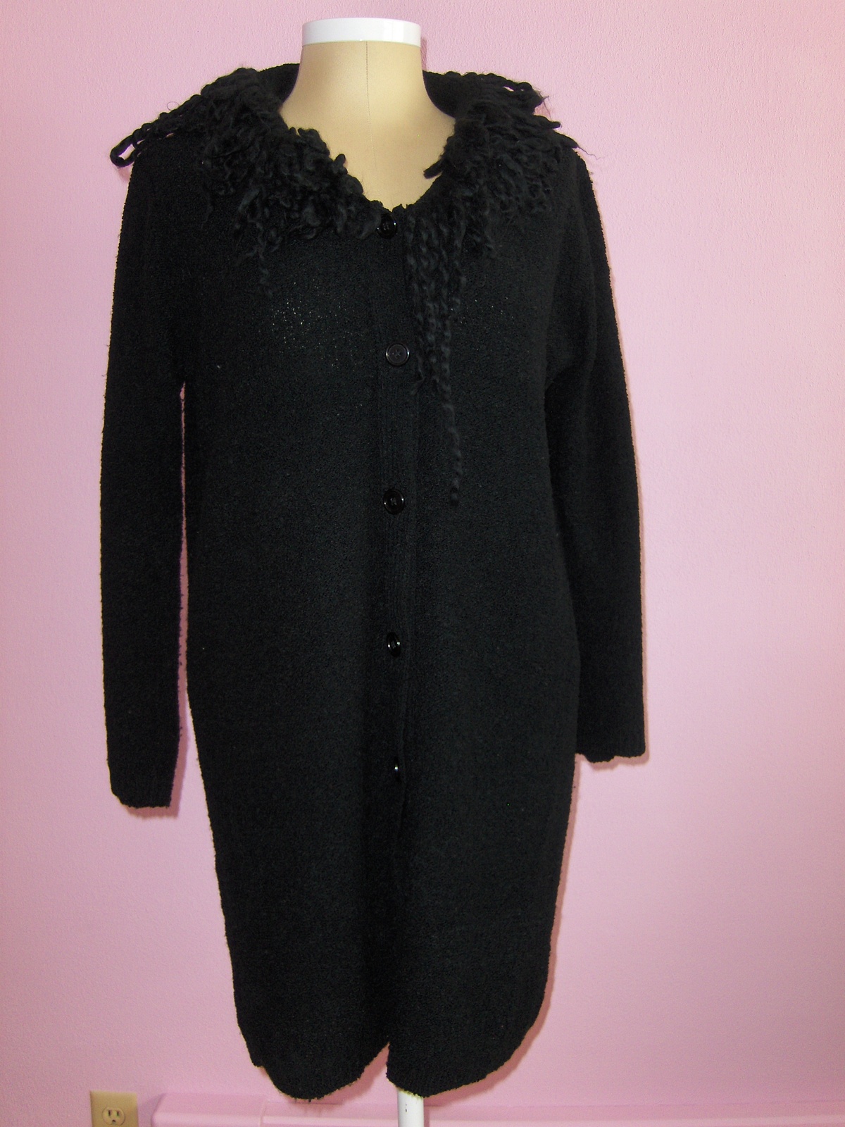 Primary image for Womens Black Cardigan Sweater Coat Black L to XL with Fringe on Collar Area