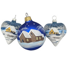 German Glass Christmas Ornaments 3 Mouth Blown Hand Painted Hearts Winter Scenes - £12.69 GBP
