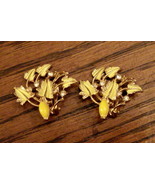 CLIP ON EARRINGS Yellow Leaves w Rhinestones ✿ VTG Un Signed - £15.53 GBP