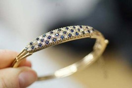 14K Yellow Gold FN 3.5Ct Round Cut Blue Sapphire &amp; Diamond Bangle Bracelet - £325.48 GBP