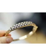 14K Yellow Gold FN 3.5Ct Round Cut Blue Sapphire &amp; Diamond Bangle Bracelet - $558.45 CAD
