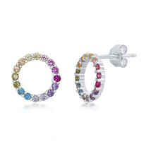 Rainbow cz open circle stud Women&#39;s Earrings .925 Silver 376308 - £47.16 GBP