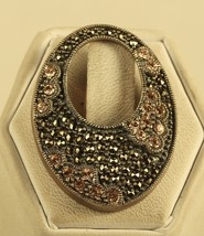 Vtg Sterling Signed 925 NF Thailand Open Oval Marcasite and Rhinestone Pendant - £31.01 GBP