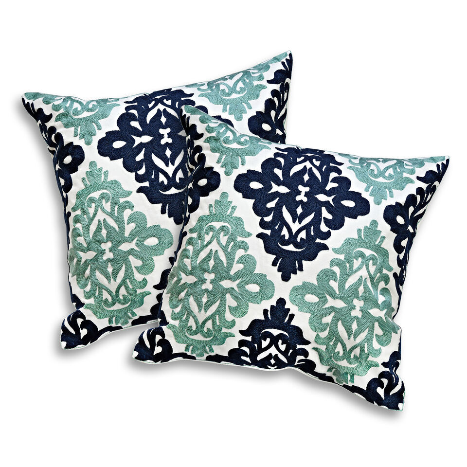 Decorative Damask Pattern Navy Blue-Green Embroidery Pillow Cover Set of 2 - $29.10