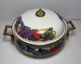 Vintage Lincoware Enamel Casserole Dish Cornucopia Fruit Brass Handles 9.5 inch - $24.85