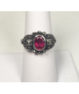 Vintage Art Deco Ruby Red Gemstone &amp; Marcasite Sterling Silver 925 Ring ... - $2,492.83 MXN