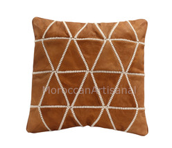 Moroccan Leather Pillow, Embroidered Traditional Throw Pillow 16″X16″ Inch - £55.15 GBP