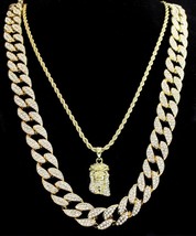 Mens 2pc Set CZ Jesus Piece 24&quot; 30&quot; Cuban/Rope Chains 14k Gold Plated Necklaces - £17.25 GBP