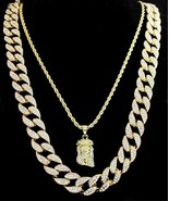 Mens 2pc Set CZ Jesus Piece 24&quot; 30&quot; Cuban/Rope Chains 14k Gold Plated Ne... - £17.10 GBP