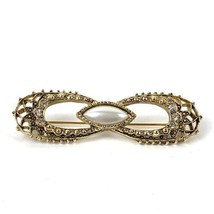 Vintage Brooche Bow Design Pearlesque &amp; Rhinestones 2.25&quot; x 5/8&quot; Gold Plated - £4.78 GBP