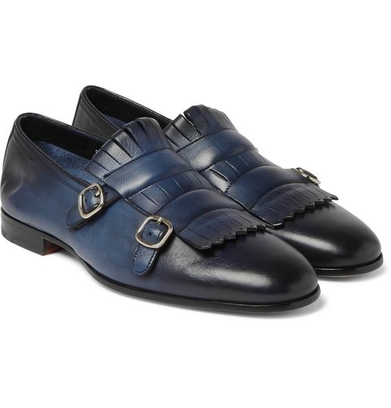 New Handmade Pure Leather Loafer Double Buckle Plate Blue Shaded Shoes For Men'