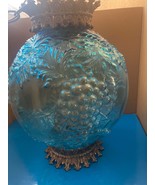Vintage Swag Lamp Blue mid century Grapes Leaves Glass Hanging Diffuser Light - $173.25