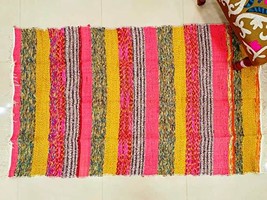 Traditional Jaipur Hand Woven Chindi Rug, Handmade Cotton Fabric Braided Bohemia - $29.99