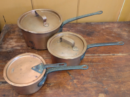 3x 19th Century Antique Copper Sauce Pans Pot &amp; Lid - Heavy Iron Handle ... - £233.00 GBP