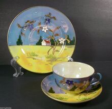 Vintage TT Porcelain Landscape Lusterware Cup Saucer Plate Gold Accents ... - $14.39