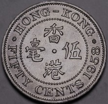 Hong Kong 50 Cents, 1958-H Gem Unc~RARE~Key Date~1st Year~Free Shipping - £14.12 GBP