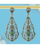 9K Yellow Gold Natural Emerald Vintage Style Filigree Drop Earrings - $760.00