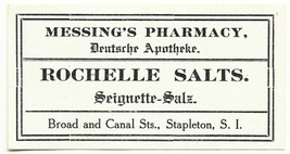 Antique Pharmacy Label ROCHELLE SALTS Messing&#39;s Pharmacy Stapleton Staton Island - £19.94 GBP