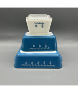 Vintage Pyrex Snowflake Garland Set 4 Piece Fridge Set Blue &amp; White Oven... - $68.31