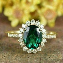 2Ct Simulated Emerald Halo Wedding Engagement Ring 14k Yellow Gold Plated Silver - £71.01 GBP