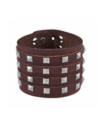 Zeckos Brown Leather 4 Row Pyramid Studded Wristband Bracelet - £11.38 GBP